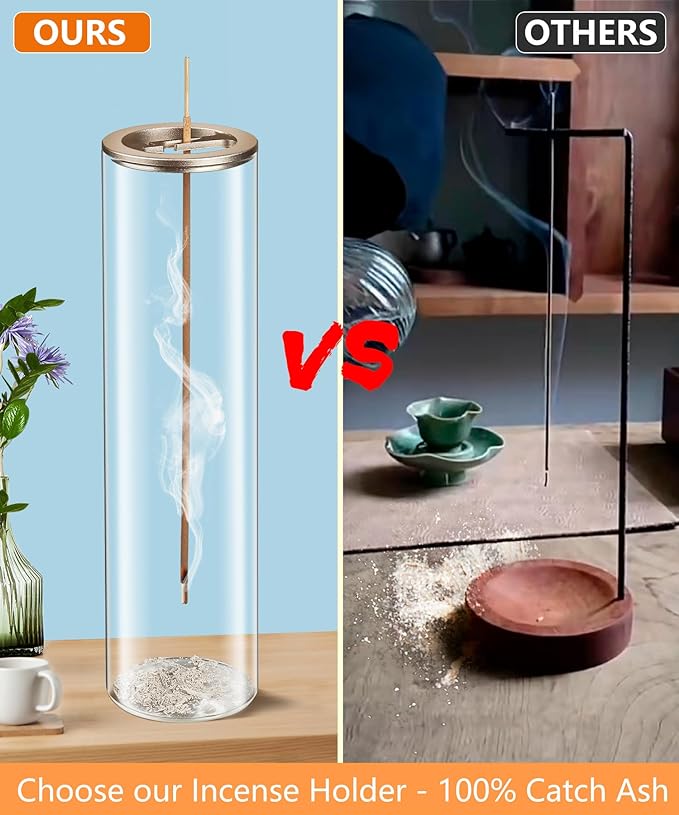 Incense Holder for Sticks [Anti-Ash Flying], Modern Insence-Stick Burner Holder with Removable Glass Ash Catcher, for Home Decor Yoga Meditation (Champagne Gold 2 Pack)