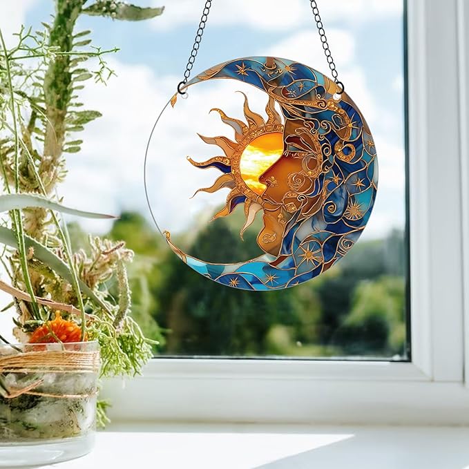 Sun and Moon Stained Acrylic Window Hanging,Sun Catcher Window Decor,Outdoor Garden Decor Gift for Women Christmas Thanksgiving Gift