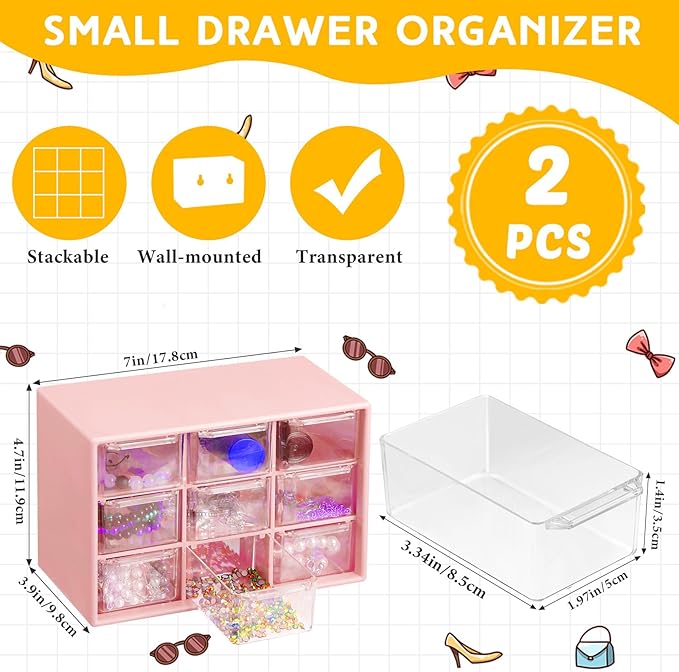 Wenqik 2 Pcs Mini Storage Drawers Teacher Toolbox Organizer with 9 Clear Drawers Small Plastic Desktop Teacher Desk Craft Organizer for Classroom Office 7" x 3. 9" x 4. 7"(Pink)