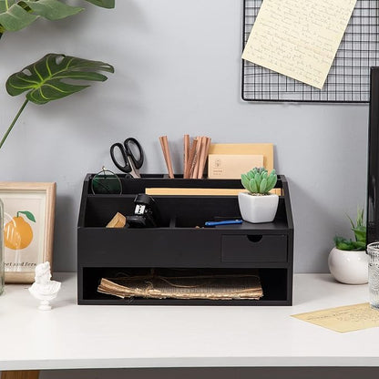 Wood Desk Drawer Organizers with File Organizer Pen holder Office Decor combo for Desk Organization Home can arrange office supplies such as calculators scissors pens note papers, etc. (black)