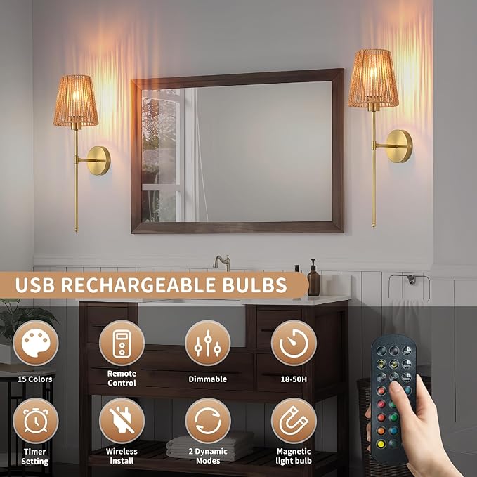 Battery Operated Wall sconces Set of Two,Rattan Shade Gold with Remote Rechargeable Light Bulbs,dimmable RGB,Living Room,Bedroom,Hallway,Bathroom can be Used