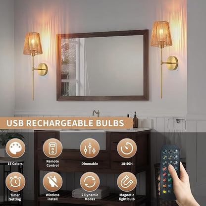Battery Operated Wall sconces Set of Two,Rattan Shade Gold with Remote Rechargeable Light Bulbs,dimmable RGB,Living Room,Bedroom,Hallway,Bathroom can be Used