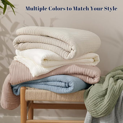 PHF Cooling Muslin Blanket Queen Size 90"x80", 6-Layer Lightweight Gauze Blanket Made from 35% Rayon Derived from Bamboo & 65% Cotton, Breathable & Ultra Soft Cozy for Hot Sleepers, French Oak
