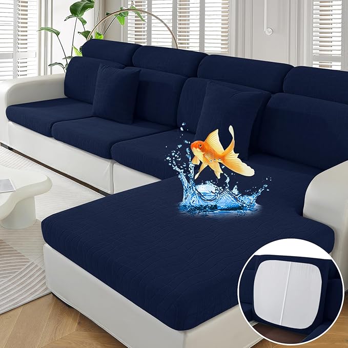 MAXIJIN Waterproof 3 Pieces Couch Cushion Covers for Sectional Sofa Seat Slipcover Stretch Sectional Couch Cover for L Shape Left/Right Chaise with Elastic Bottom (2 Seater + 1 Chaise, Navy Blue)
