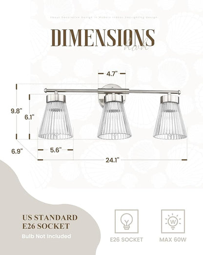 Brushed Nickel Bathroom Vanity Light, HWH 3-Light Vanity Lights for Bathroom Vanity Wall Lamp Over Mirror, Modern Vanity Light Fixtures with Striped Clear Glass, 5HZG97B-3W BN
