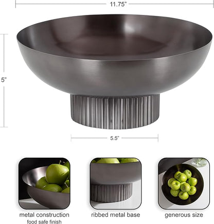 Kate and Laurel Rooks Ribbed Decorative Metal Bowl, 12 Inch Diameter, Gray Gunmetal, Modern Raised Fruit Bowl for Kitchen Counter or Use as a Key Bowl for an Entryway Table