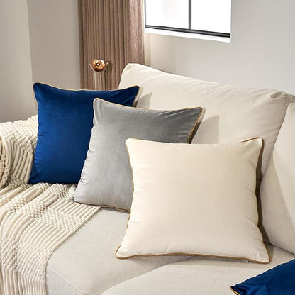 Aeckself Pack of 2 Cream White Velvet Pillow Covers 20 x 20 Inch, Modern Luxury Decorative Pillowcase with Gold Trim Edge, Comfortable Soft Solid Cushion Case for Couch Bedroom Living Room