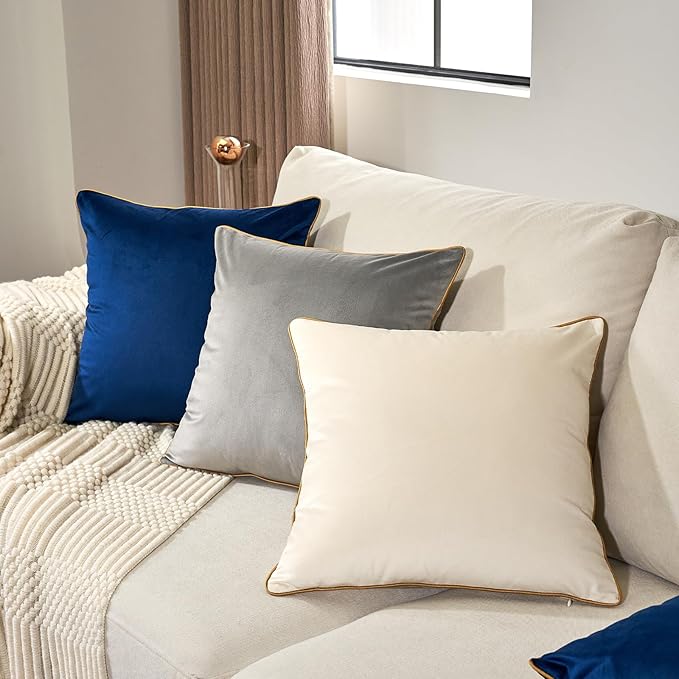 Aeckself Pack of 2 Cream White Velvet Pillow Covers 24 x 24 Inch, Large Modern Luxury Decorative Pillowcase with Gold Trim Edge, Comfortable Soft Solid Cushion Case for Couch Bedroom Living Room