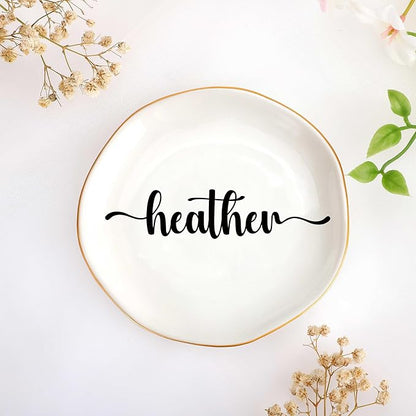JoycuFF Heather Personalized Name Ceramic Jewelry Tray, Mothers Day Christmas Anniversary Engagement Birthday Gifts for Women Couples, Trinket Dish for Rings Earrings Necklaces Bracelets Keys