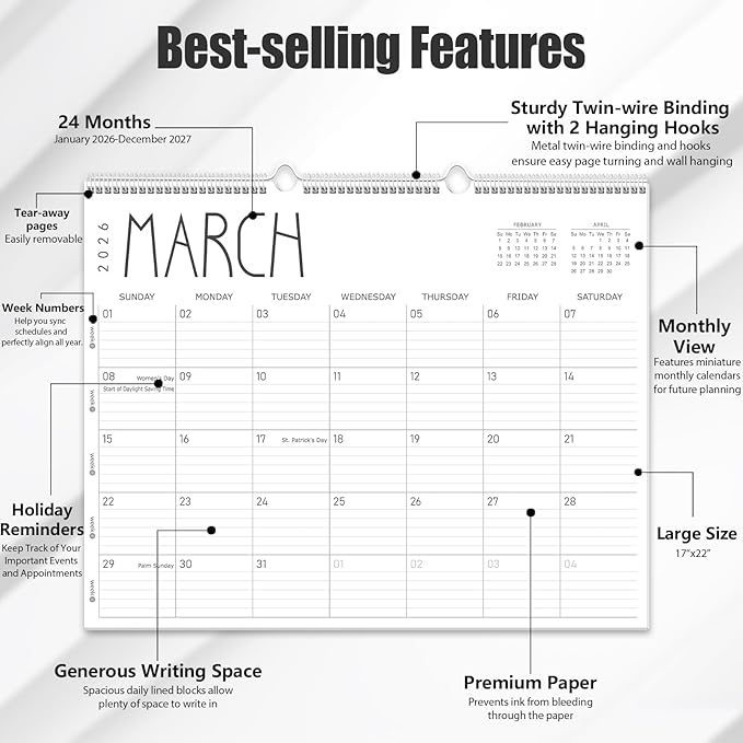 GuassLee Large Wall Calendar 2026-2027, 24-Month 22" x 17" Wall Calendar from Jan. 2026 to Dec. 2027, Large Desktop Hanging Monthly Planner with Thick Paper, Ruled Blocks for Home School Office