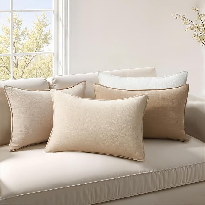 Pack of 4,Decorative Linen Soild Throw Pillow Covers Soft Accent Cushion Case Boho Farmhouse Neutral Pillowcase for Couch Sofa Bedroom Living Room Home Decor 12 x 20 Inch Brown