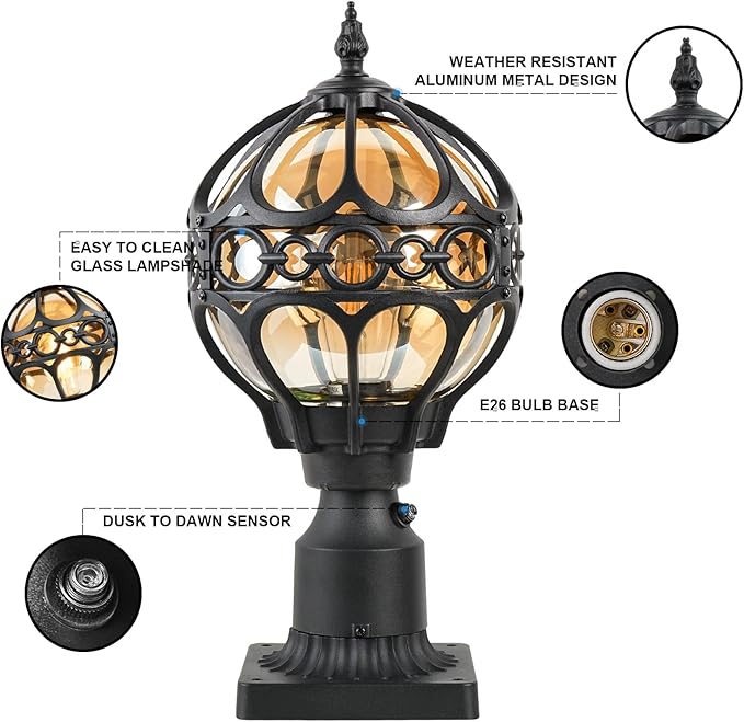 Dusk to Dawn Outdoor Lamp Post Lights, Aluminum Rust-proof Globe Post Light for Porch Front Door Driveway Lawn Garden, Black Sphere Exterior Pillar Post Light, Hardwired 3" Pier Mount Post Lantern
