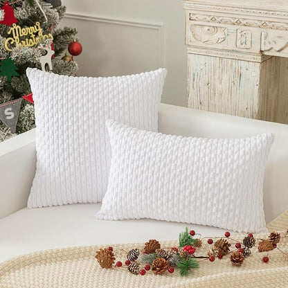 Kevin Textile Pack of 2 Corduroy Decorative Throw Pillow Covers 22x22 Inch Soft Boho Striped Pillow Covers Modern Farmhouse Home Decor for Spring Sofa Living Room Couch Bed Pure White