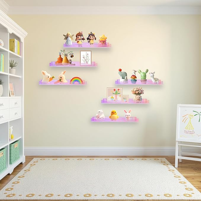 4Pack Acrylic Wall Shelf Organizers 15Inch Floating Shelf for Wall Decor Bookshelf for Kids Modern Iridescent Wall Mount Shelf (4, Iridescent)