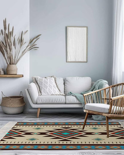 Boho Southwestern Runner Rug 3X5 Ft Bedroom Area Rug, Washable Woven Aztec Abstract Geometric Throw Carpet with Tassel, Non-Shedding Vintage Native American Patterned Dining Room Living Room Carpets