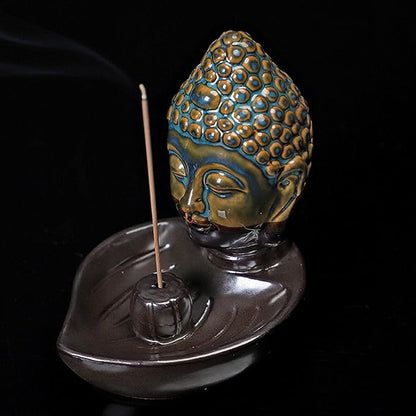 Buddha Head Incense Holder for Sticks, Small Ceramic Incense Burner Healing, Meditaiong, Zen, Timer of Spa or Yoga, with Ash Catcher (Blue)