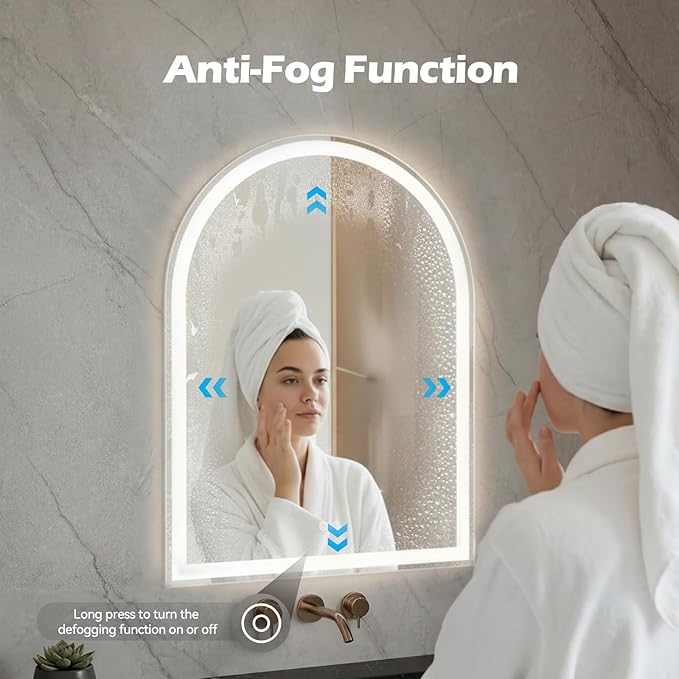 Sweetcrispy 24"×32" LED Bathroom Mirror with Lights, Arched Vanity Mirror with Anti-Fog, Dimmable, 3-Color Light, Memory Function, Tempered Glass