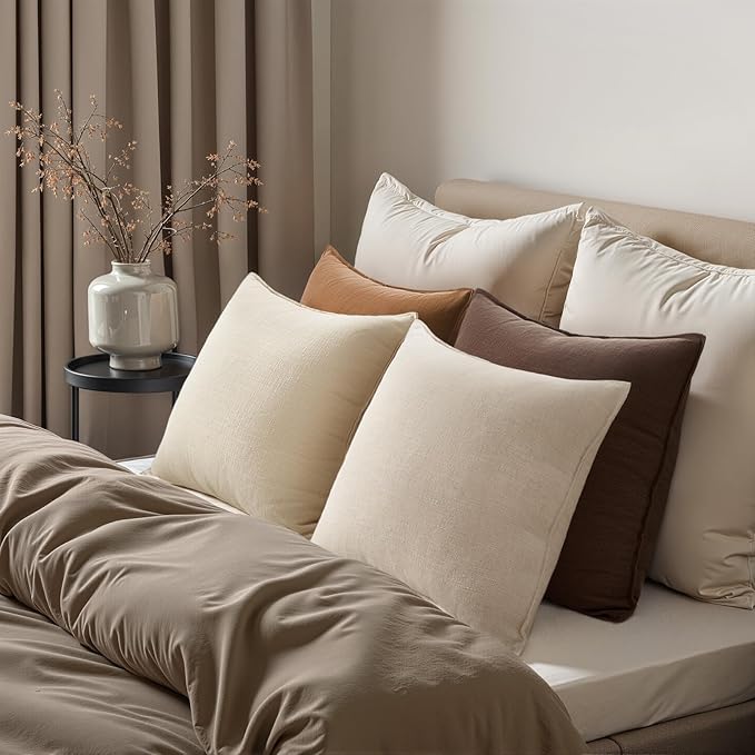 Brown Pillow Covers Pack of 4 Decorative Solid Fall Linen Throw Pillow Covers Soft Accent Boho Farmhouse Couch Pillowcases Modern Home Decor for Living Room Bed Sofa 18x18 Inch
