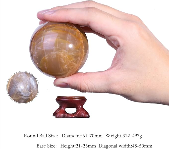 SUNYIK Natural Orange Moonstone Ball Sphere with Resin Stand Polished Crystal Sphere Stone Figurine Decor for Home Office Tabletop, 2.4-2.7”(61-70mm)
