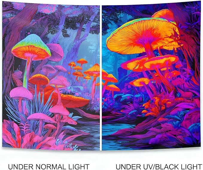 seewan Black Light Fantasy Mushroom Tapestry, Glow-in-the-Dark UV Neon Magic Forest Wall Hanging, Psychedelic Fantasy Nature Art Tapestry, Bedroom Dorm Living Room Background Decor