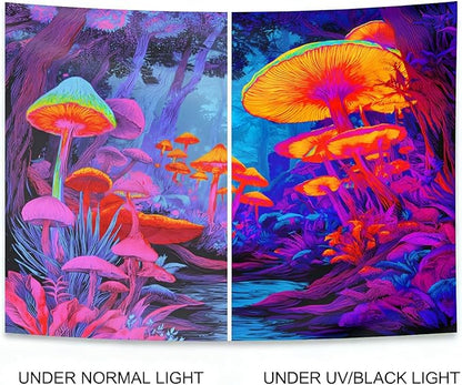 seewan Black Light Fantasy Mushroom Tapestry, Glow-in-the-Dark UV Neon Magic Forest Wall Hanging, Psychedelic Fantasy Nature Art Tapestry, Bedroom Dorm Living Room Background Decor
