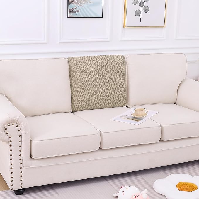 Smiry Waterproof Couch Cushion Covers, Stretch Jacquard Thick Sofa Cushion Covers, Washable Seat Slipcover Elastic Furniture Protector for Pets, Kid (Back Cover M, Camel)