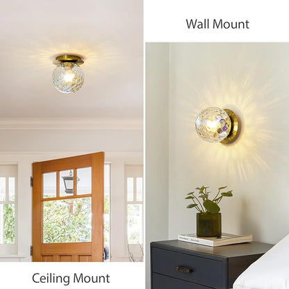 Modern Glass Globe Wall Sconce: Gold Spherical Sconces Light with Hammered Stained Glass Shade - Small Brass Vanity Single Ball Lights Fixture - Contemporary Wall Mounted Lamp for Bedroom Living Room