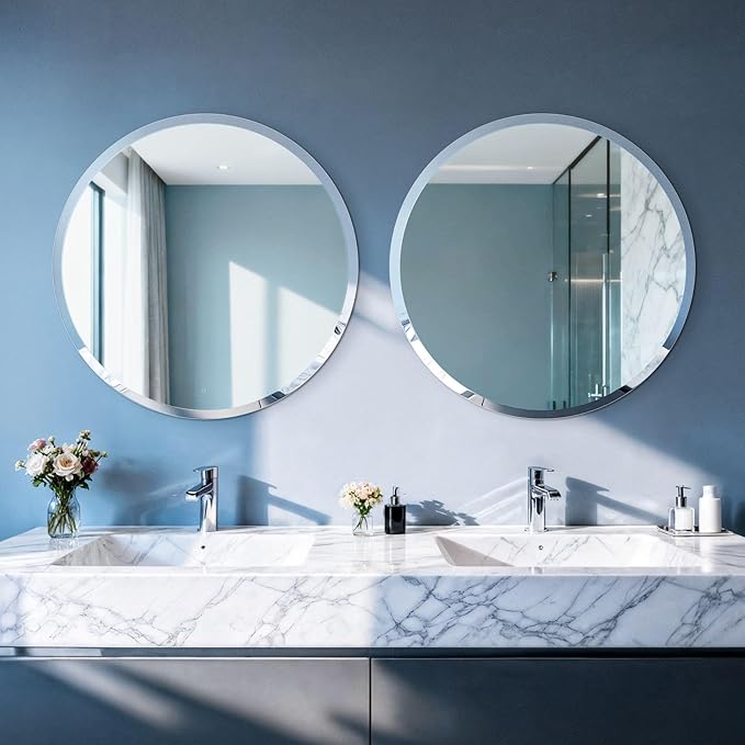 Frameless Round Wall Mirror: Decorative Mirrored Glass Vanity with Beveled Silver Edge for Bathroom Bedroom Livingroom Dining Room Entryway Hallway, 20 x 20 inch