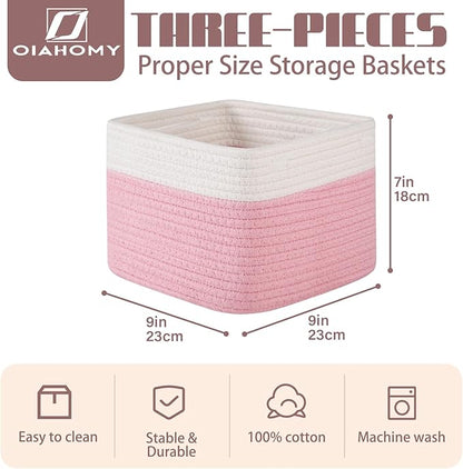 OIAHOMY 9”x9”x7” Storage Cubes, Cotton Rope Woven Baskets for Organizing, Cube Storage Bin, Small Gift Basket for Shelf, 3-Pack, Pink&White