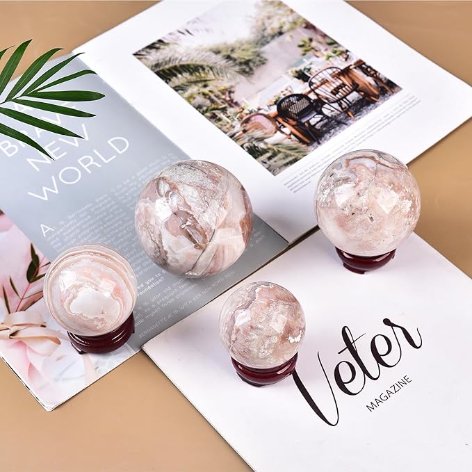 JIC Gem Pink Agate Crystal Ball with Wooden Stand Pink Healing Crystal Sphere Ball for Feng Shui Decor Spiritual Gifts 60-70mm