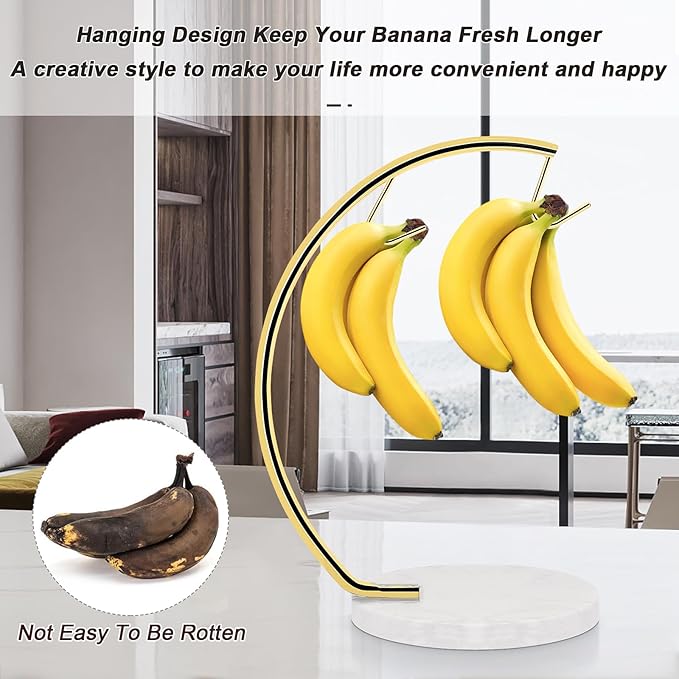 Livabber Banana Holder with Marble Base, Metal Banana Hanger Modern Tree Stand with Hook, Stylish Banana Keeper Fresh Fruit Storage Organizer Freestanding for Kitchen Countertop (Gold, Double Hook)
