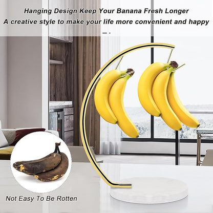 Livabber Banana Holder with Marble Base, Metal Banana Hanger Modern Tree Stand with Hook, Stylish Banana Keeper Fresh Fruit Storage Organizer Freestanding for Kitchen Countertop (Gold, Double Hook)