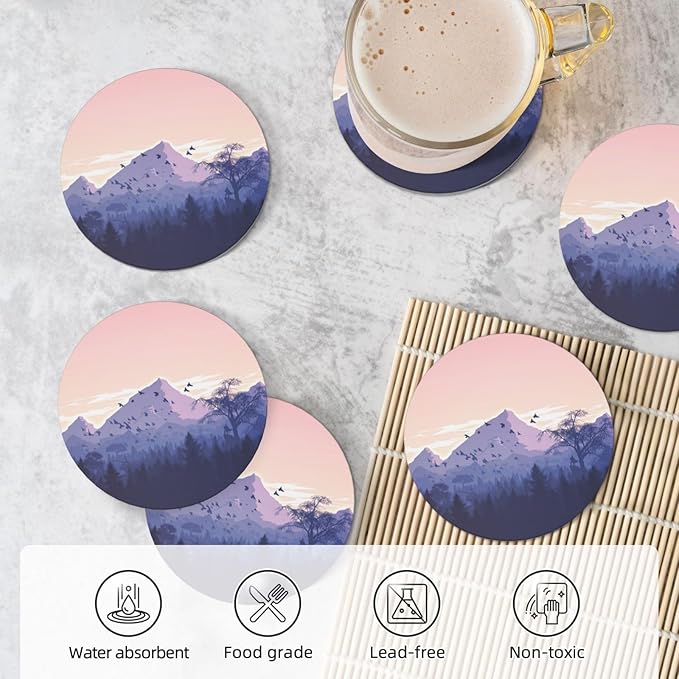 6 Pcs Ceramic Coasters with Holder Absorbent Drink Round Mountains Sunset Design for Home Table Coffee Cup Wine Beer Bar,Size 4.4 inches