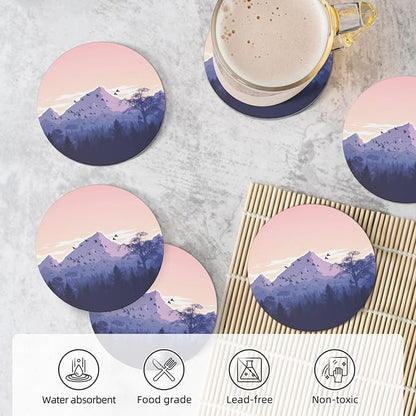 6 Pcs Ceramic Coasters with Holder Absorbent Drink Round Mountains Sunset Design for Home Table Coffee Cup Wine Beer Bar,Size 4.4 inches