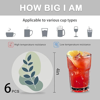 Coasters for Drinks Absorbent with Holder,Boho Abstract Leaves Sets of 6 Durable Cup Coaster for Coffee Table Protection,Great Housewarming Birthday Gifts,Home Decor