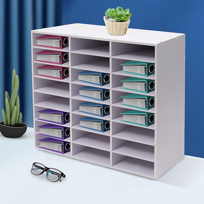 Literature Organizer with 24 Compartments | Adjustable Desktop File Sorter Mail Center for Home, Office & Classroom | PVC Paper Storage Cabinet with Shelves (White, 24 Compartments)