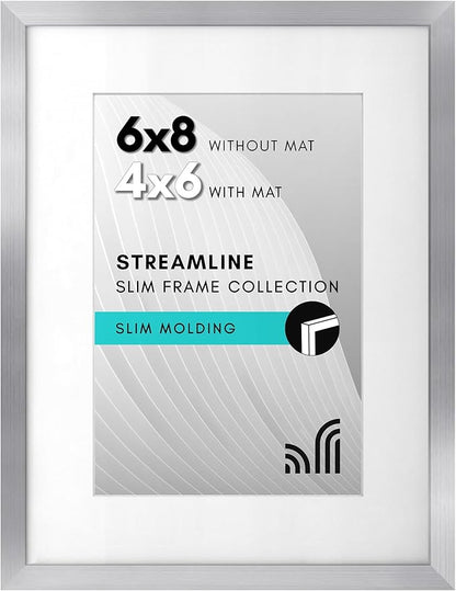 Americanflat 6x8 Picture Frame with Shatter-Resistant Glass - Use as 4x6 Frame with Mat or Display 6x8 Photo Without Mat - Streamline Collection - Picture Frames for Tabletop and Wall - Silver