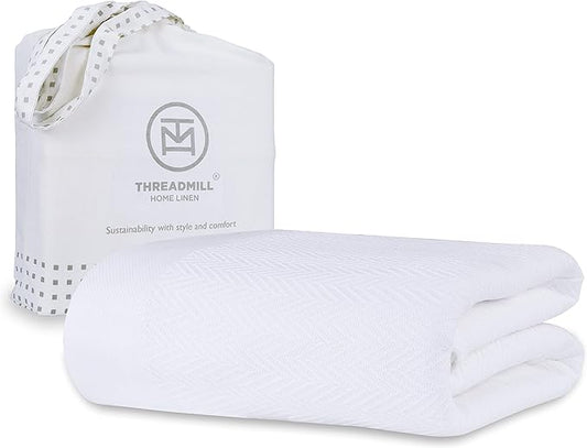 Threadmill Luxury Cotton Blanket for King Size Bed | All-Seasons Breathable Oeko TEX 100% Cotton King Size Blanket | Cozy Soft Thermal fits California King Size Bed 106 x92 inches | White