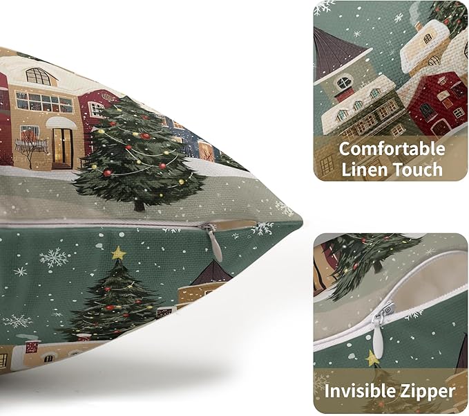 Christmas Snoflake Pillow Covers 12x20 Set of 2 Green House Throw Pillow Covers Winter Pillowcase Linen Decoration Farmhouse Cozy Soft Cushion Case Couch for Indoor Outdoor Home Decor