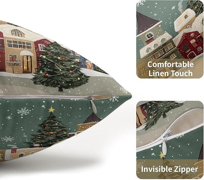 Christmas Snoflake Pillow Covers 12x20 Set of 2 Green House Throw Pillow Covers Winter Pillowcase Linen Decoration Farmhouse Cozy Soft Cushion Case Couch for Indoor Outdoor Home Decor