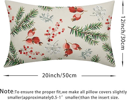 Beige Christmas Lumbar Pillow Covers 12x20 Set of 2 Green Red Xmas Twigs Rustic Decorative Outdoor Farmhouse Zipper Pillowcases Decorations Winter Holiday Throw Cushion Cover Decor for Couch Sofa Bed