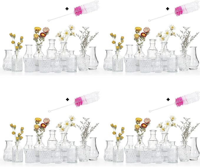 Glass Bud Vase Set of 48 Bud Vases in Bulk with 4 Brushes, Glass Vases for Centerpieces Cute, Vintage Wedding Decor Clear Bulk Mini Vase for Rustic Wedding Decorations, Home Table Flower Decor