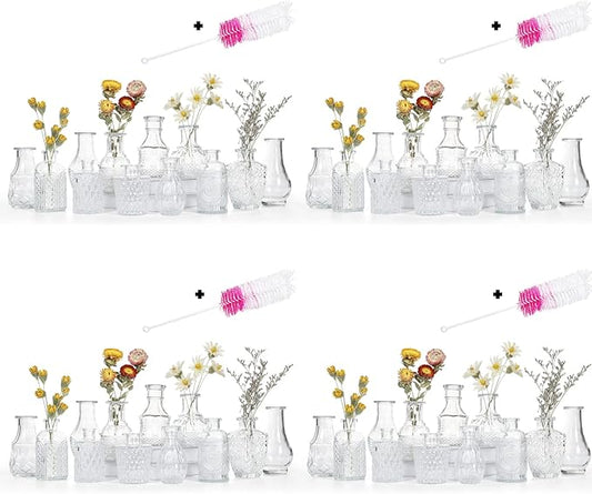Glass Bud Vase Set of 48 Bud Vases in Bulk with 4 Brushes, Glass Vases for Centerpieces Cute, Vintage Wedding Decor Clear Bulk Mini Vase for Rustic Wedding Decorations, Home Table Flower Decor