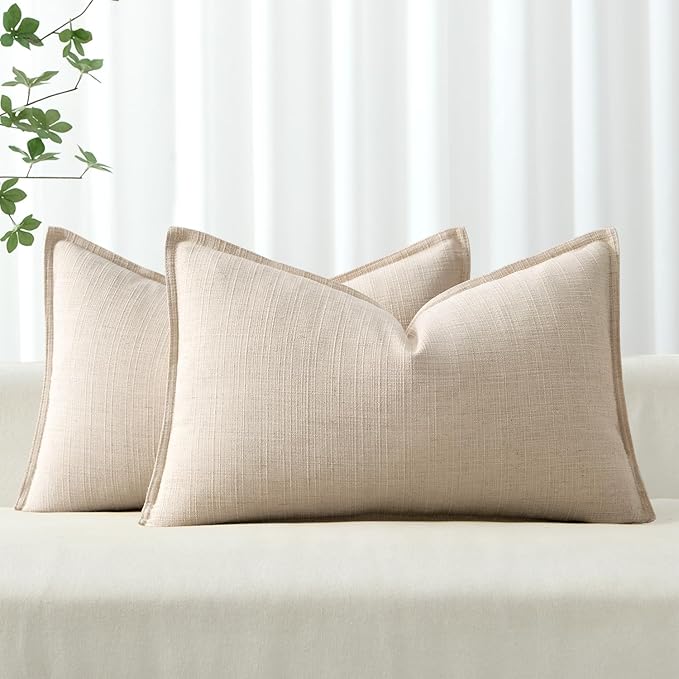 MIULEE Decorative Lumbar Throw Pillow Cover 12x20, 2 Pack Boho Farmhouse Neutral Throw Pillow for Bed, Thick Textured Modern Linen Cushion Cases Couch Sofa Living Room Home Decor, Natural Beige