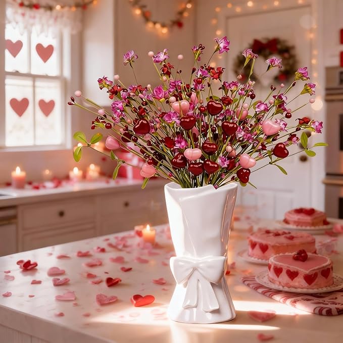 Fully Glazed White Ceramic Bow Vase 9.64 in Unique Cute Modern Decorative Bouquet Flower Vases for Home Living Room Table Valentine's Day Decor Women Girl Gifts
