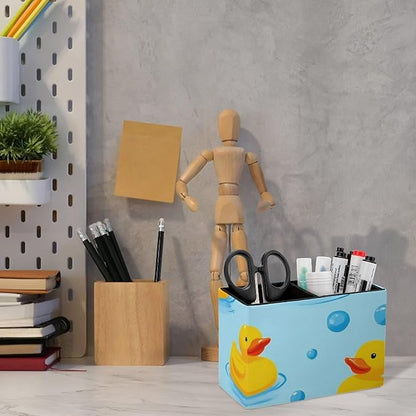 Leather Desk Pen Container Large Table Pencil Holder Makeup Brush Storage Yellow Rubber Ducks Bubbles