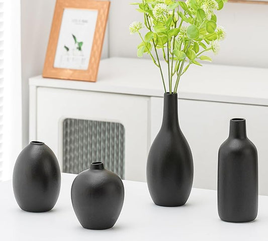 Black Ceramic Flower Vase Set of 4, Modern Farmhouse Decorative Vases for Bookshelf, Dining Room Coffee Console Table Centerpieces