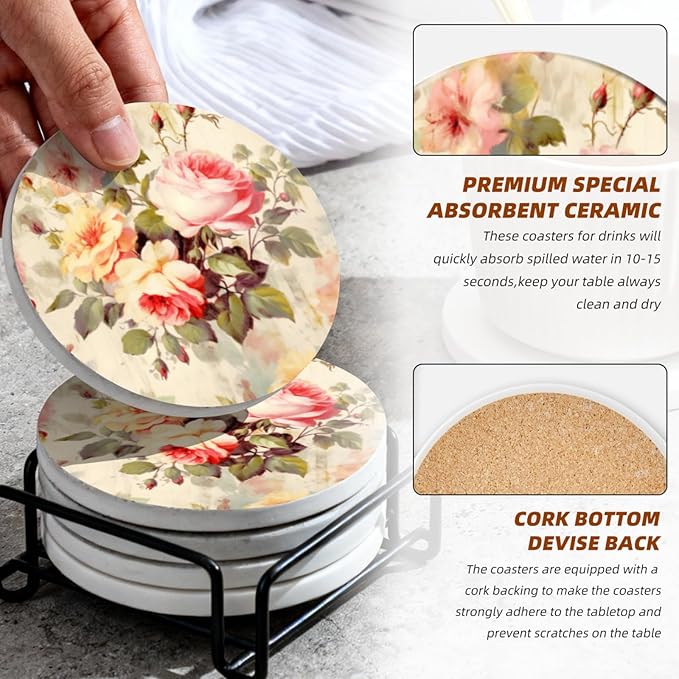 Coasters Set of 6 Ceramic Drink Coaster with Cork Base Modern Style Coasters for Mugs and Cups Office Kitchen 4 in