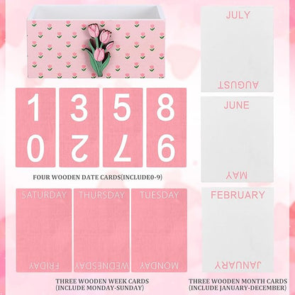 Pink Tulip Wood Block Perpetual Calendar Coquettish Desk Decor Cute Month Week Date Display Decorative Block Calendar for Women Office Home Desk Gift for Women
