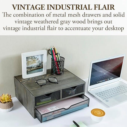 MyGift Vintage Weathered Gray Solid Wood Desktop Organizer Box with 3 Removable Black Metal Mesh Trays, Office Desk Supplies Storage Drawers for Accessories